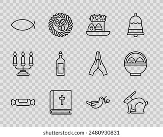 Set line Candy, Easter rabbit, cake eggs, Holy bible book, Christian fish, Bottle of wine, Peace dove with olive branch and Basket easter icon. Vector