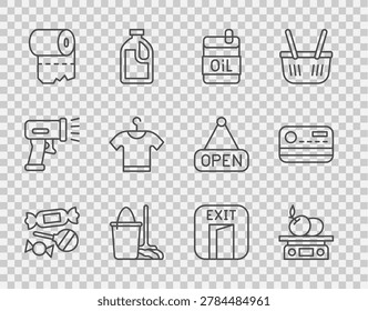 Set line Candy, Electronic scales for product, Bottle of olive oil, Mop bucket, Toilet paper roll, T-shirt, Fire exit and Credit card icon. Vector