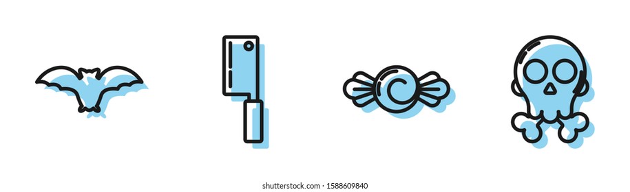 Set line Candy , Flying bat , Meat chopper  and Skull on crossbones  icon. Vector