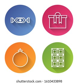 Set line Candy, Gift box, Christmas ball and Chocolate bar. Color circle button. Vector