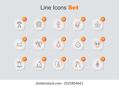 Set line Caramelo, Vaso de champán, árbol de Navidad, trineo de Santa Claus, timbre, lazo de regalo, bola e icono. Vector