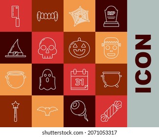 Set line Candy, Halloween witch cauldron, Zombie mask, Spider web, Skull, Witch hat, Meat chopper and Pumpkin icon. Vector