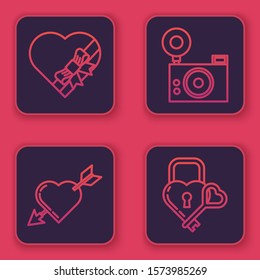 Set line Candy in heart shaped box and bow, Amour symbol with heart and arrow, Photo camera and Castle in the shape of a heart and key. Blue square button. Vector