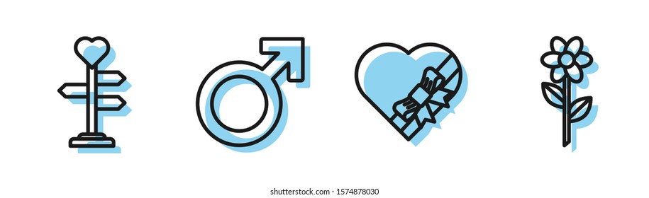 Set line Candy in heart shaped box and bow, Signpost with heart, Male gender symbol and Flower icon. Vector