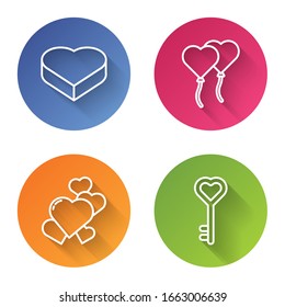 Set line Candy in heart shaped box, Balloons in form of heart, Heart and Key in heart shape. Color circle button. Vector