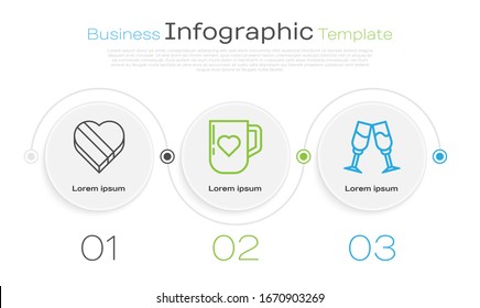Ponga la línea Candy en la caja con forma de corazón, la taza de café y el corazón y la copa de champán. Plantilla de infografía empresarial. Vector