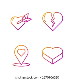 Set line Candy in heart shaped box, Map pointer with heart, Amour with heart and arrow and Broken heart or divorce. Gradient color icons. Vector