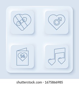 Fije la línea Candy en la caja con forma de corazón, Corazón con género masculino, Volante de San Valentín con nota de corazón y música, tono con corazones. Botón cuadrado blanco. Vector