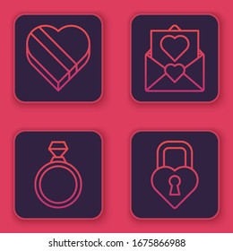 Fije la línea Candy en la caja con forma de corazón, anillo de compromiso Diamante, Sobre con el corazón de San Valentín y bloqueo en la forma de un corazón. Botón cuadrado azul. Vector