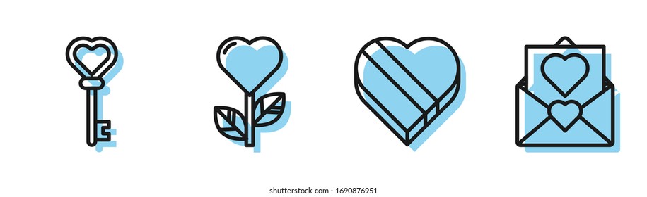 Set line Candy in heart shaped box, Key in heart shape, Heart shape in a flower and Envelope with Valentine heart icon. Vector