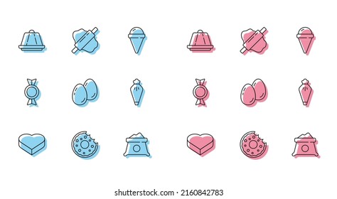 Set line Candy in heart shaped box, Donut, Pudding custard, Bag of flour, Easter eggs, Pastry bag,  and Rolling pin dough icon. Vector