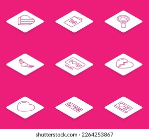 Fijar la línea Candy en la caja con forma de corazón, tarjeta de saludo, Buscar amor, Corazón con alas, Bubble I you, Broken y el icono de texto Love. Vector