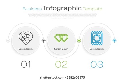 Set line Candy in heart shaped box, Two Linked Hearts and Condom in package. Business infographic template. Vector