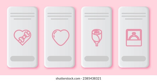 Fijar la línea Candy en la caja con forma de corazón, Corazón, rosa de flor y anillo de compromiso de diamantes. Botón rectángulo blanco. Vector