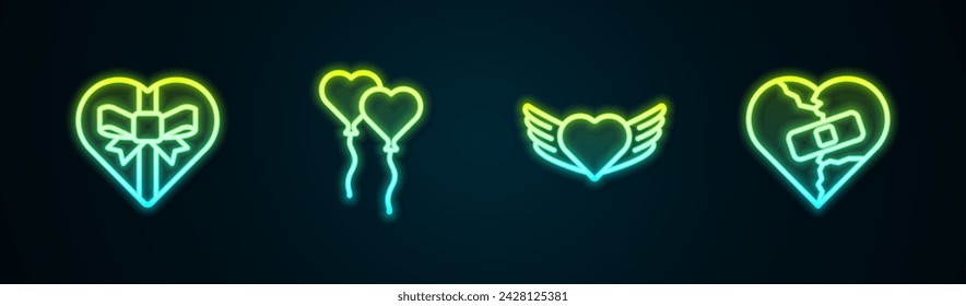 Set line Candy in heart shaped box, Balloons form of, Heart with wings and Healed broken divorce. Glowing neon icon. Vector