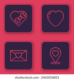 Set line Candy en caja en forma de corazón, sobre con San Valentín, corazón y Locación. Botón cuadrado azul. Vector