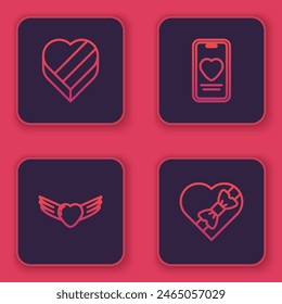 Set line Caramelo en forma de corazón caja, Corazón con alas, App de citas en línea chat y . Botón cuadrado azul. Vector