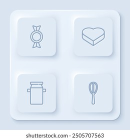 Set line Candy, in heart shaped box, container for milk and Kitchen whisk. White square button. Vector