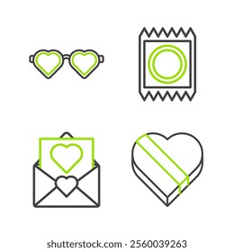 Set line Candy in heart shaped box, Envelope with Valentine, Condom package and Heart love glasses icon. Vector