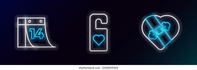 Set line Candy in heart shaped box, Calendar with February 14 and Please do not disturb icon. Glowing neon. Vector