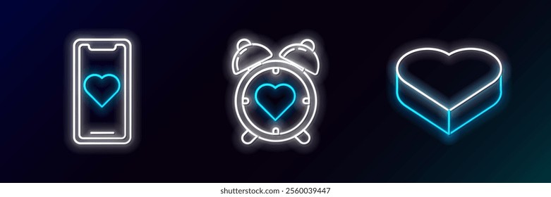 Set line Candy in heart shaped box, Mobile phone with and Heart the center alarm clock icon. Glowing neon. Vector
