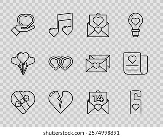 Set line Candy in heart shaped box, Please do not disturb with, Envelope Valentine, Broken or divorce, Heart on hand, Two Linked Hearts,  and  icon. Vector