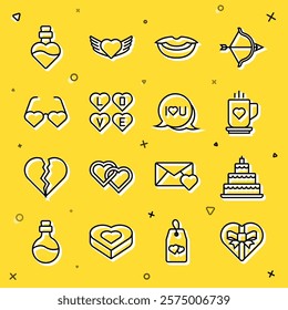 Set line Candy in heart shaped box, Wedding cake, Coffee cup, Smiling lips, Love text, Heart love glasses, Bottle with potion and Speech bubble I you icon. Vector