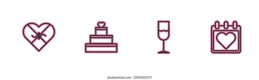 Set line Candy in heart shaped box, Wine glass, Wedding cake with and Calendar icon. Vector