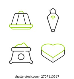 Set line Caramelo en caja en forma de corazón, bolsa de harina, bolso de pastelería y el icono de la crema pastelera Pudding. Vector