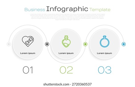 Set line Caramelo en caja en forma de corazón, botella con poción de amor y anillo de compromiso de diamantes. Plantilla de infografía de negocios. Vector
