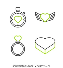 Set Linie Candy in herzförmiger Box, Hochzeitsringe, Herz mit Flügeln und die Mitte Stoppuhr Symbol. Vektorgrafik