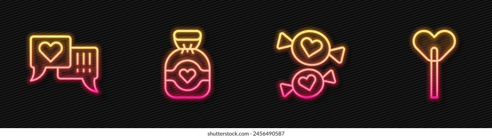 Set line Candy, Heart in speech bubble, Chocolate candy and Lollipop. Glowing neon icon. Vector
