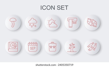 Set line Candy, Herbarium, Sun cloud weather, Bare tree, Mushroom, Cloud with rain, September calendar autumn and School backpack icon. Vector