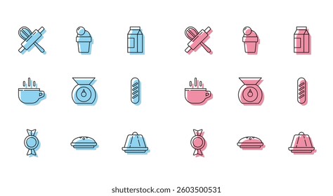 Set line Candy, Homemade pie, Kitchen whisk rolling pin, Pudding custard, Scales, French baguette bread, Coffee cup and Ice cream icon. Vector