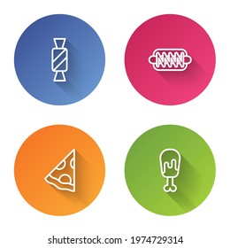 Set line Candy, Hotdog sandwich, Slice of pizza and Chicken leg. Color circle button. Vector