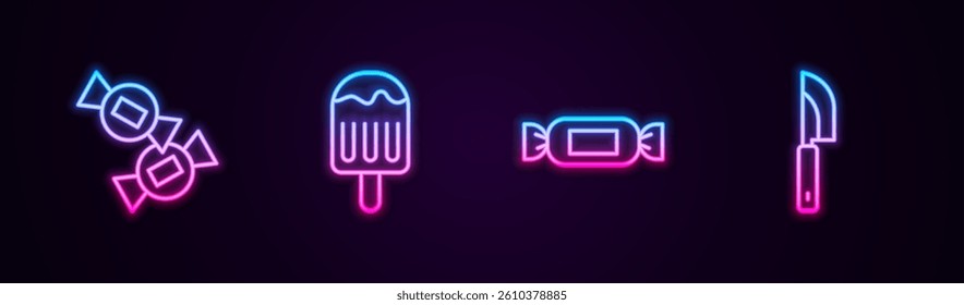 Set line Candy, Ice cream,  and Knife. Glowing neon icon. Vector