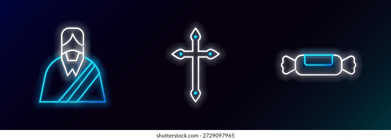 Set Linie Candy, Jesus Christus und christliche Kreuz-Symbol. Leuchtendes Neon. Vektorgrafik