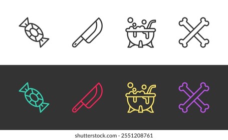 Set line Candy, Knife, Halloween witch cauldron and Crossed bones on black and white. Vector