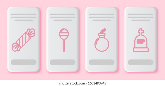 Set line Candy , Lollipop , Bomb ready to explode  and Tombstone with RIP. White rectangle button. Vector