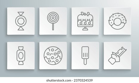 Set line Candy, Lollipop, Cookie or biscuit, Ice cream, Bitten chocolate bar, Cake on plate, Donut and  icon. Vector