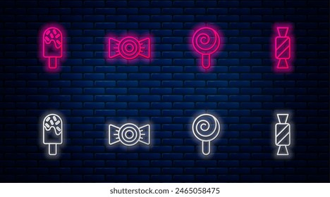 Set line Candy, Lollipop, Ice cream and . Glowing neon icon on brick wall. Vector