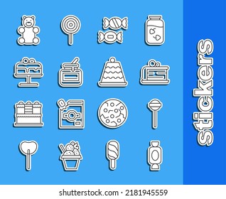 Set line Candy, Lollipop, Piece of cake, Jar honey, Cake plate, Jelly bear candy and  icon. Vector