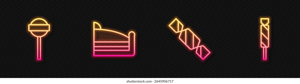 Set line Candy, Lollipop, Piece of cake and . Glowing neon icon. Vector