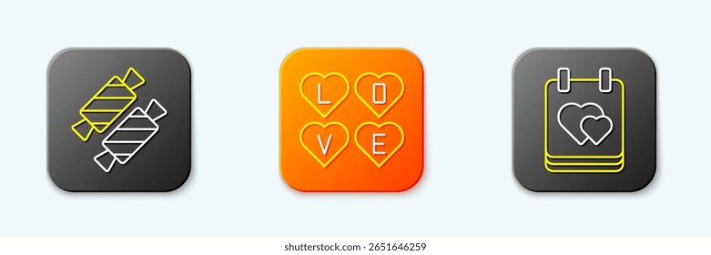 Establecer línea de caramelo, texto de amor y calendario con icono de corazón. Vector