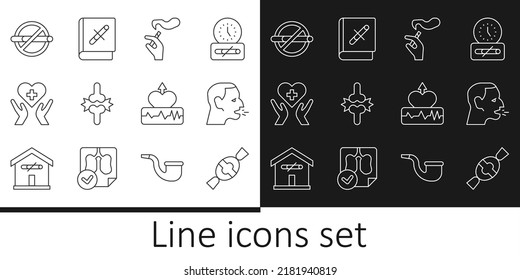 Fijar la línea Candy, tos de hombre, Mano con cigarrillo fumando, Dolor de articulaciones, dolor de rodilla, cruz cardíaca, No, aumento de latido y icono de parada del libro. Vector