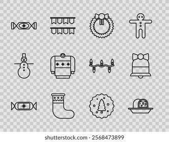 Set line Candy, Marzipan sponge cake, Christmas wreath, stocking, sweater, Cookie or biscuit with chocolate and Merry ringing bell icon. Vector