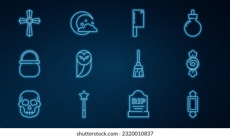 Set line Candy, Meat chopper, Owl, Halloween witch cauldron, Tombstone with cross, Witches broom and Moon stars icon. Vector