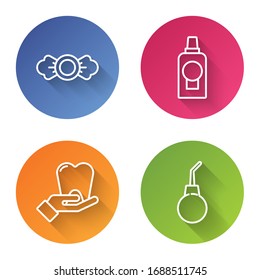 Set line Candy, Mouthwash plastic bottle, Tooth and Enema pear. Color circle button. Vector