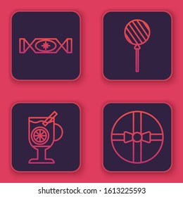 Set line Candy, Mulled wine with glass of drink, Lollipop and Gift box. Blue square button. Vector
