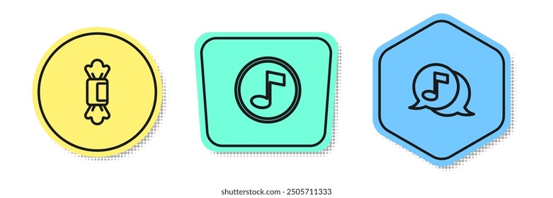 Establecer línea de caramelo, nota de música, tono y musical en la burbuja de discurso. Formas de colores. Vector
